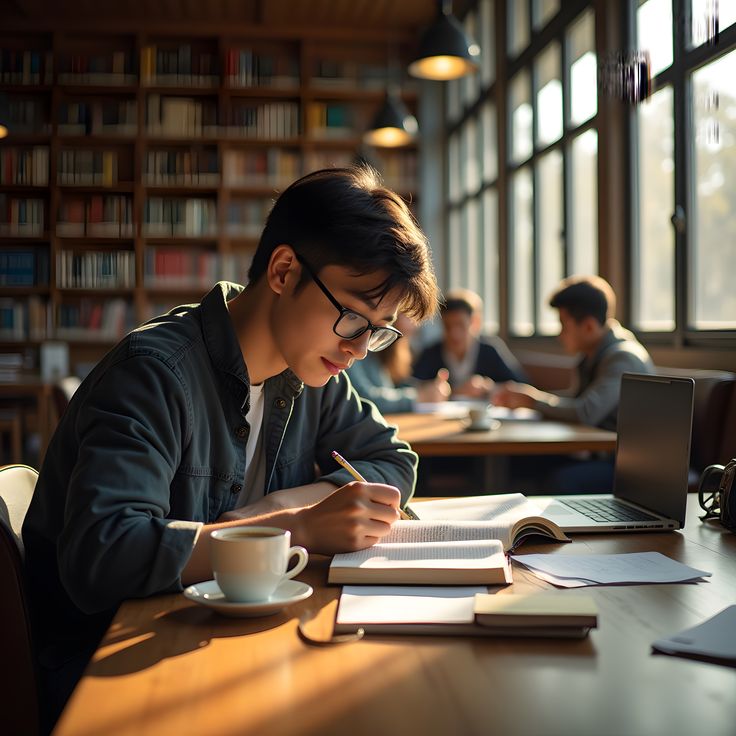 Student working on laptop in university study space with books and coffee